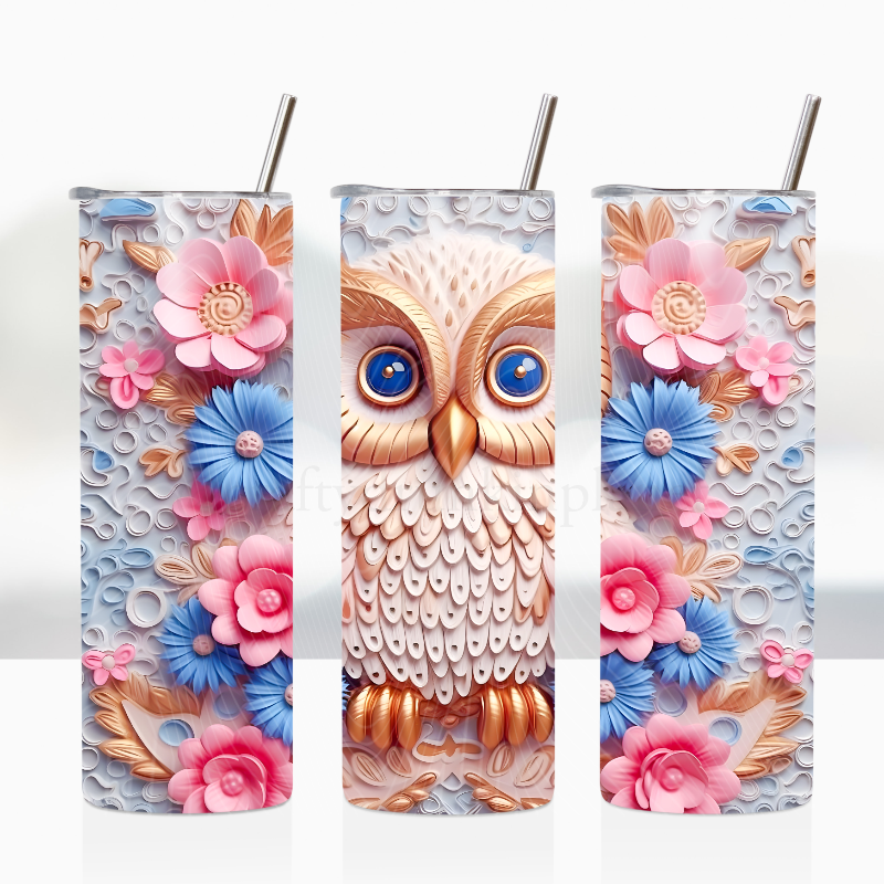 3D Owl 20oz Skinny Tumbler featuring intricate floral designs with pink and blue flowers and a detailed owl centerpiece, perfect for hot or cold beverages.