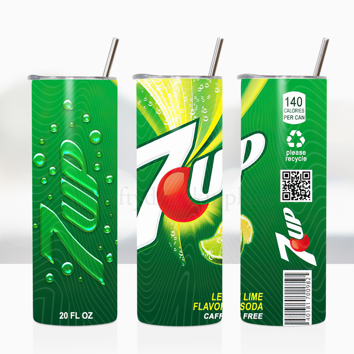 Double-walled stainless steel insulated 20oz tumbler featuring a vibrant 7UP design with green, red, and yellow accents, a secure metal straw, and bold branding. The tumbler displays nutritional information, a QR code, and recycling symbols