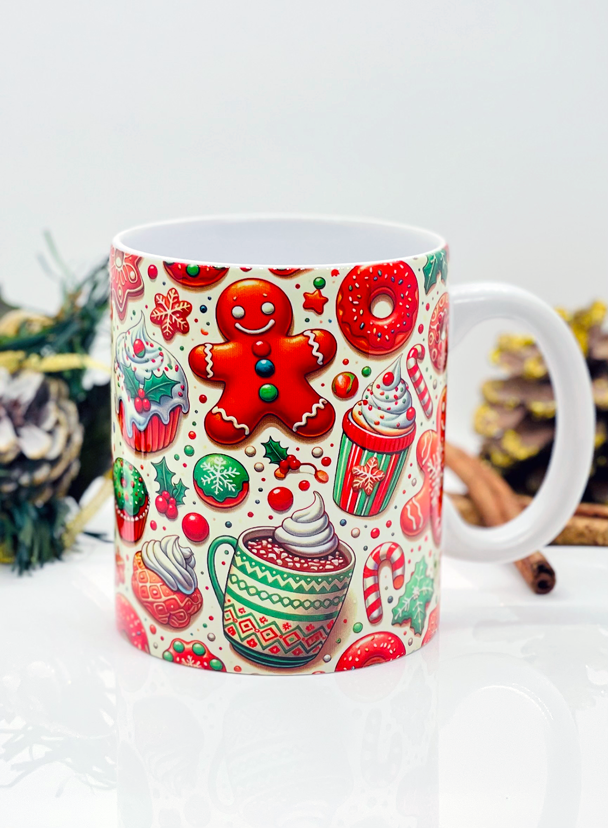 A ceramic Mug with a Gingerbread sweet hot chocolate printed design