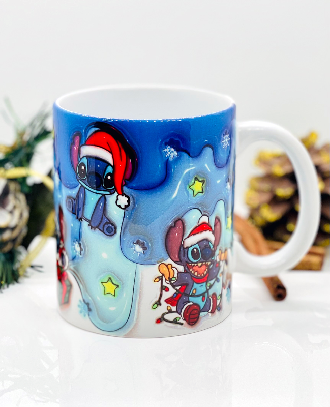 the design printed onto the 11oz ceramic mug is the blue stitch christmas season character