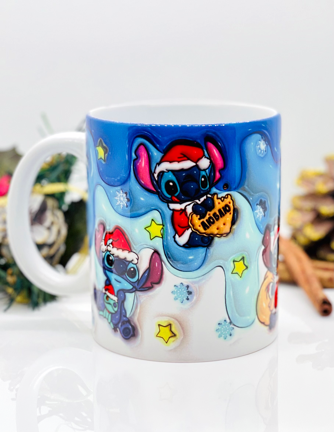 the design printed onto the 11oz ceramic mug is the blue stitch christmas season character