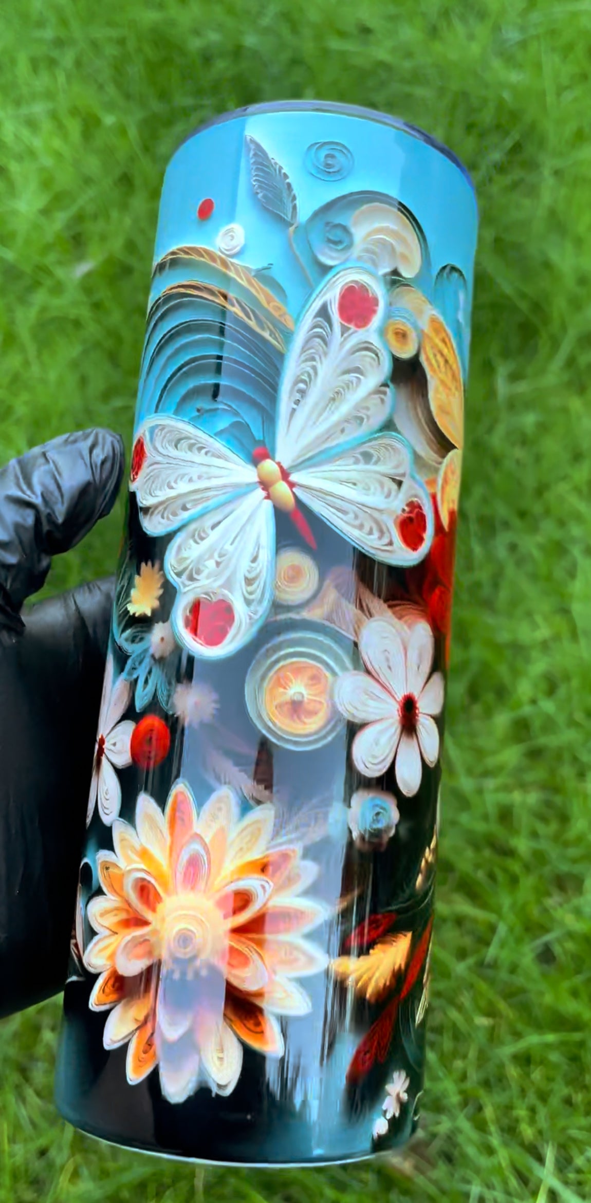 3D white butterfly and flowers double walled stainless steel 20oz tumbler