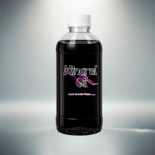 Bottle of 'Black Mineral Oil for lava effect Snow Globe Tumbler  with a black label on a gray background