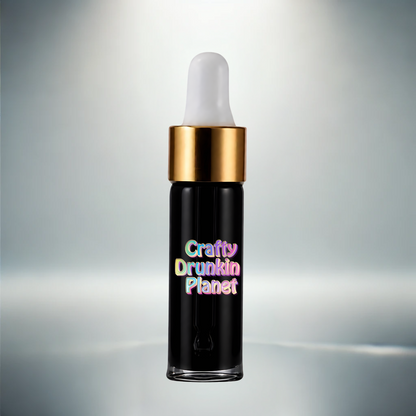 Black dropper bottle with gold cap and colorful text on a gray background