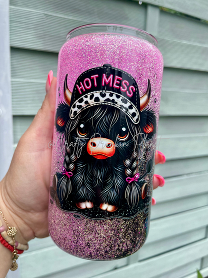 16oz snow globe tumbler with stay still snow globe solution and glitter and with hot mess cow uvdtf wrap 