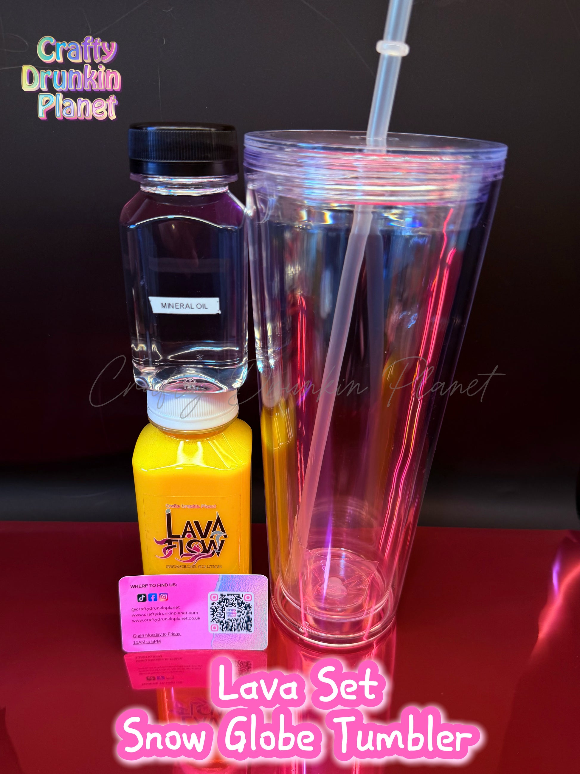 Lava set snow globe tumbler with a clear cup, clear lid, Straw, stopper, mineral oil and lava solution,  base on a reflective surface. 