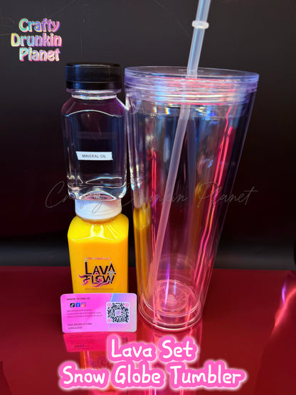 Lava set snow globe tumbler with a clear cup, clear lid, Straw, stopper, mineral oil and lava solution,  base on a reflective surface. 