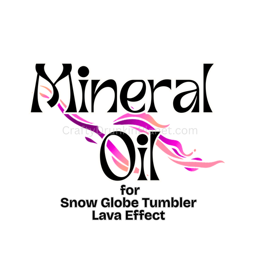 Text indicating 'Mineral Oil for Snow Globe Tumbler Lava Effect' with decorative elements on a white background.