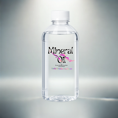 Clear bottle of mineral oil with a white label on a gray background
