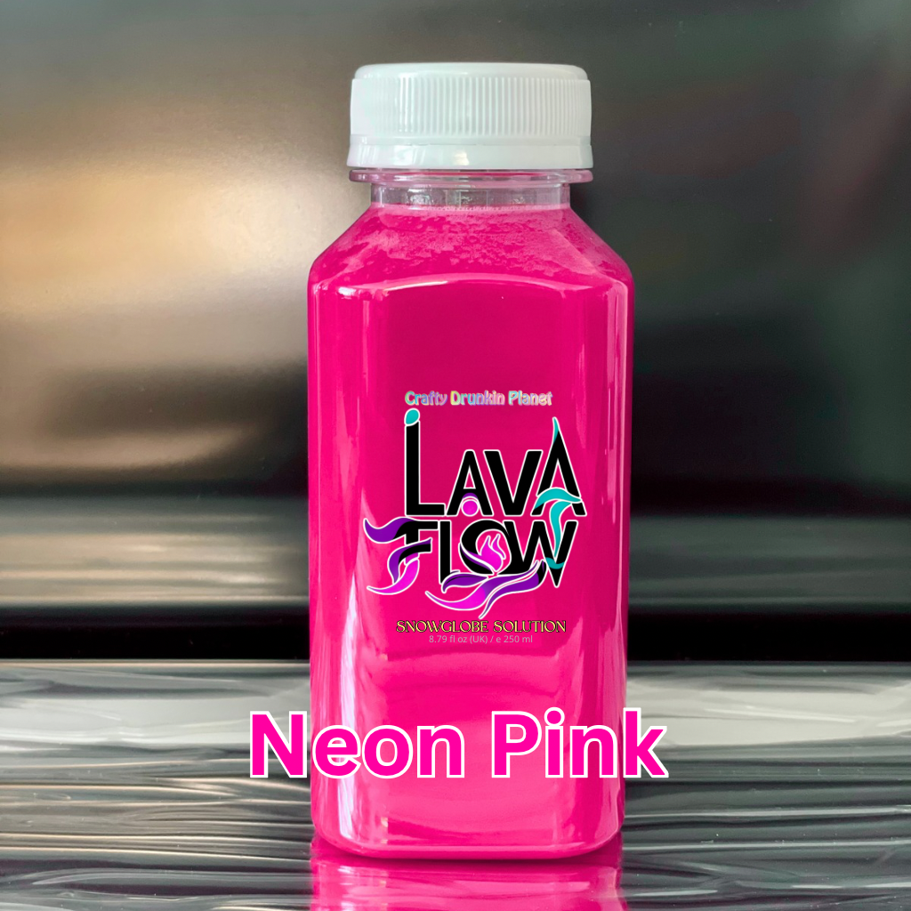 Neon Pink bottle labeled 'Lava Flow' with a white cap on a reflective surface.