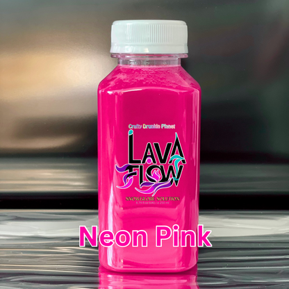 Neon Pink bottle labeled 'Lava Flow' with a white cap on a reflective surface.