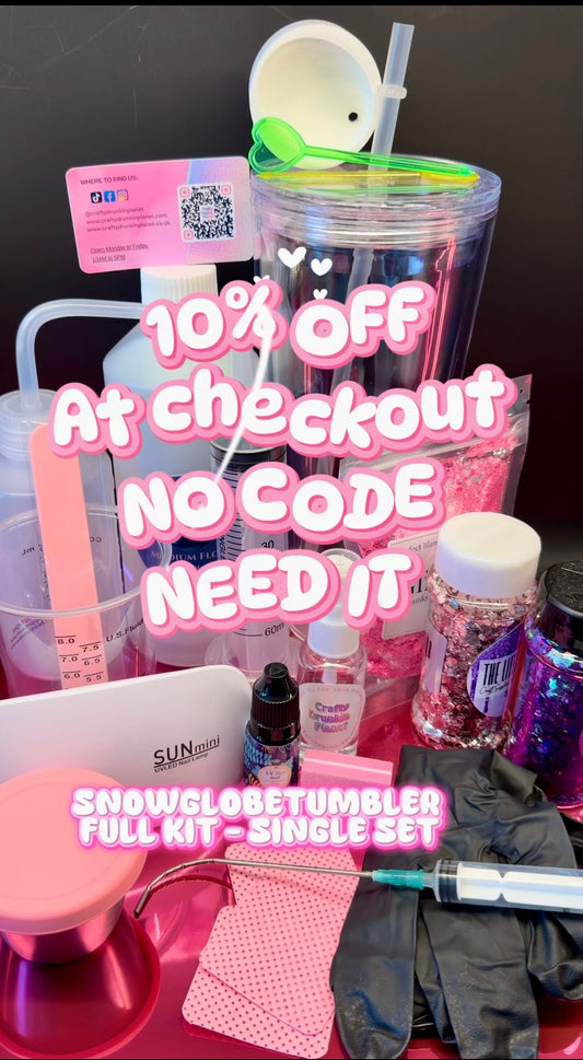 Collection of beauty products including a snow globe tumbler full kit set for beginners , tools, gitter, and other items on a dark background with promotional text overlay.