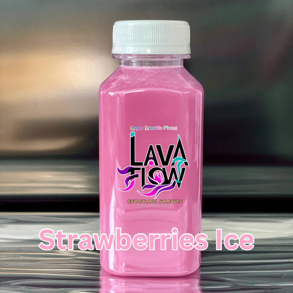 Pink strawberry ice bottle of Lava Flow Strawberries Ice on a reflective surface with a blurred background