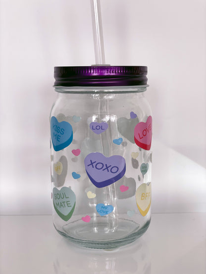 be mine design, hearts, glass jar with lid and straw drinkware can