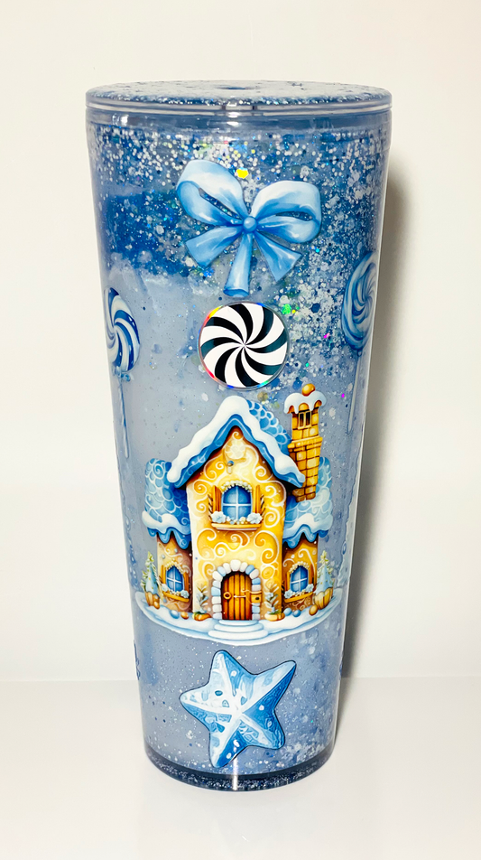 Blue Christmas Gingerbread House - Snowglobe Tumbler