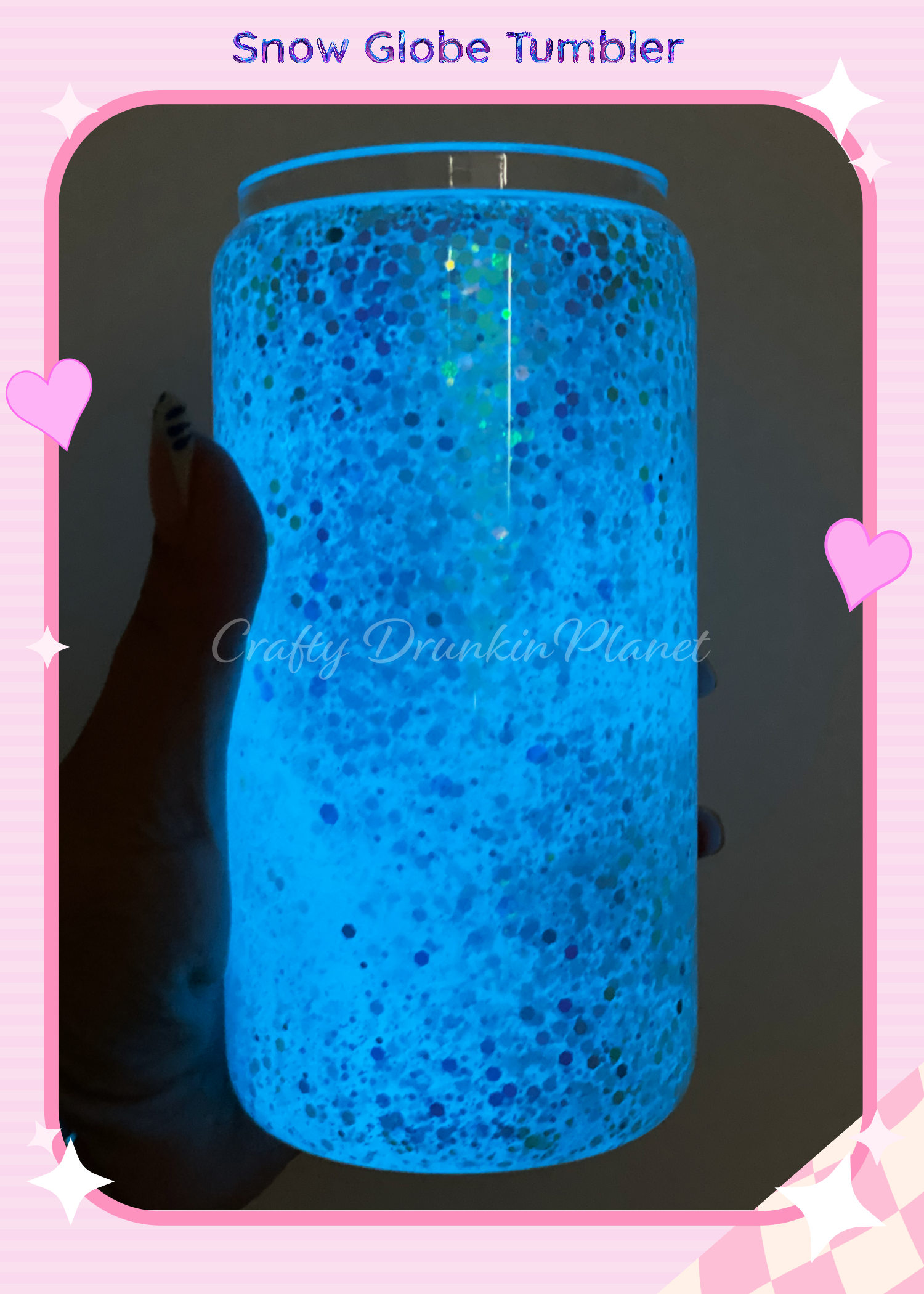 glow in the drak blue, 16oz glass snowglobe tumbler craftydrunkinplanet