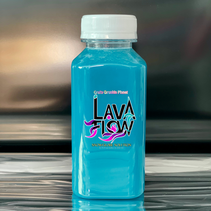 blue bottle labeled 'Lava Flow' with a white cap on a reflective surface.