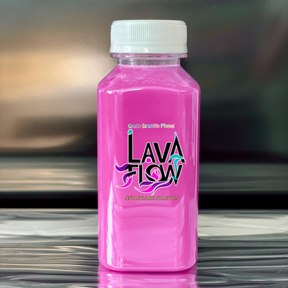 Electric Pink bottle labeled 'Lava Flow' on a reflective surface with a blurred background