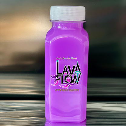 Neon Purple bottle labeled 'Lava Flow' snowglobe solution on a reflective surface with a blurred background.