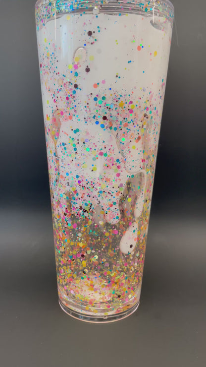 White Lava Flow Drip Solution for Snow Globe Tumbler with mineral oil and mixed glitter